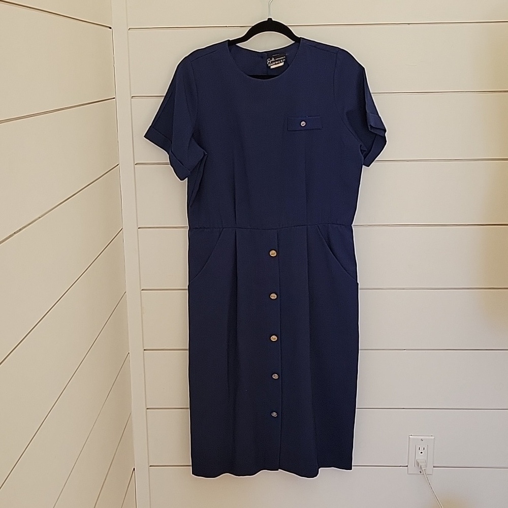 VINTAGE 80S Breli Originals size 14 navy button back dress
